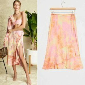 4si3nna Women's Size S Pink Tie Dye Zoey Wrap Ruffle Midi Skirt, NWT